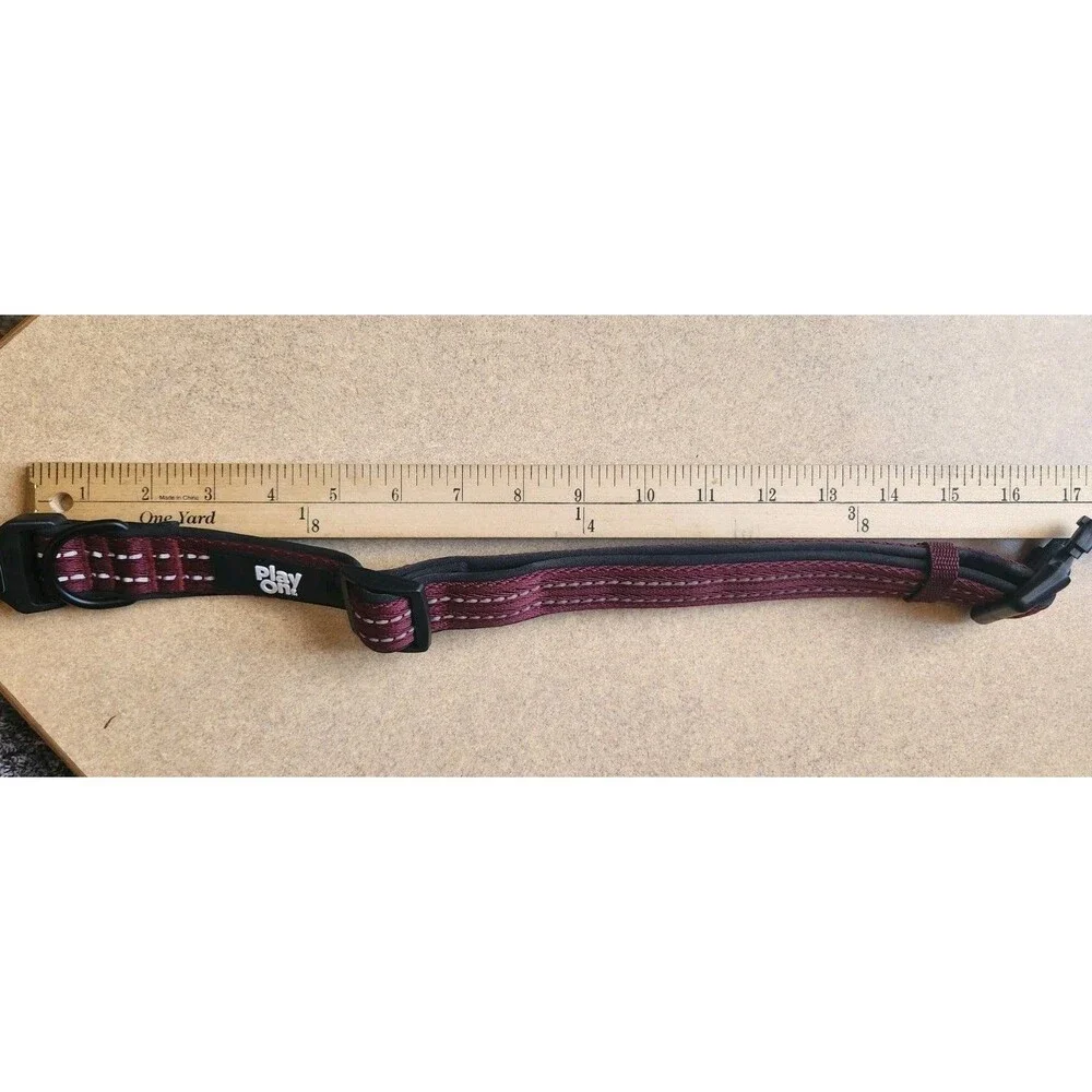 Play On Large Dog Collar 18 To 26 Inch Padded & Reflective Burgundy
